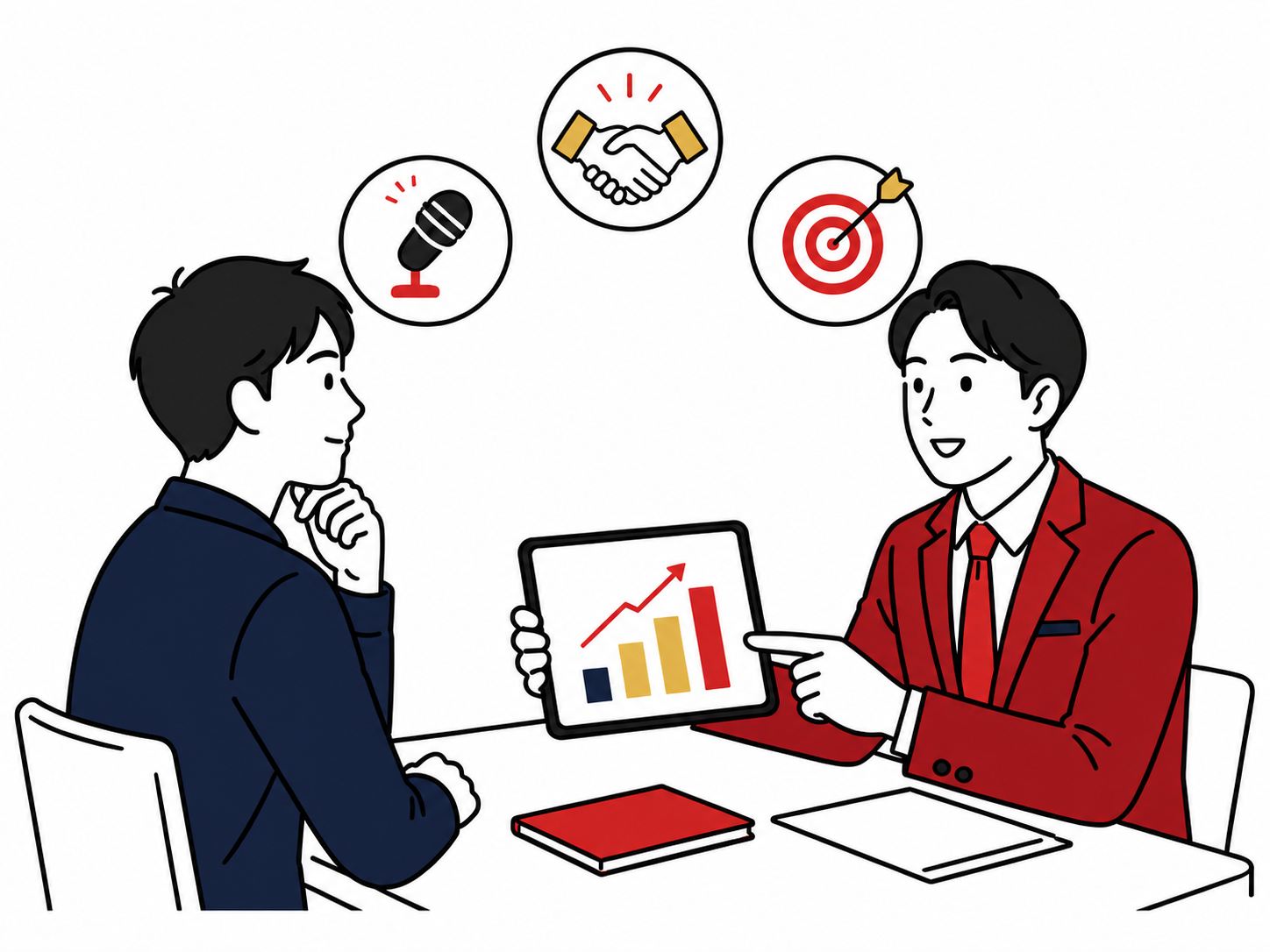 キャリア相談で年収と次の職種を整理する様子のイラスト